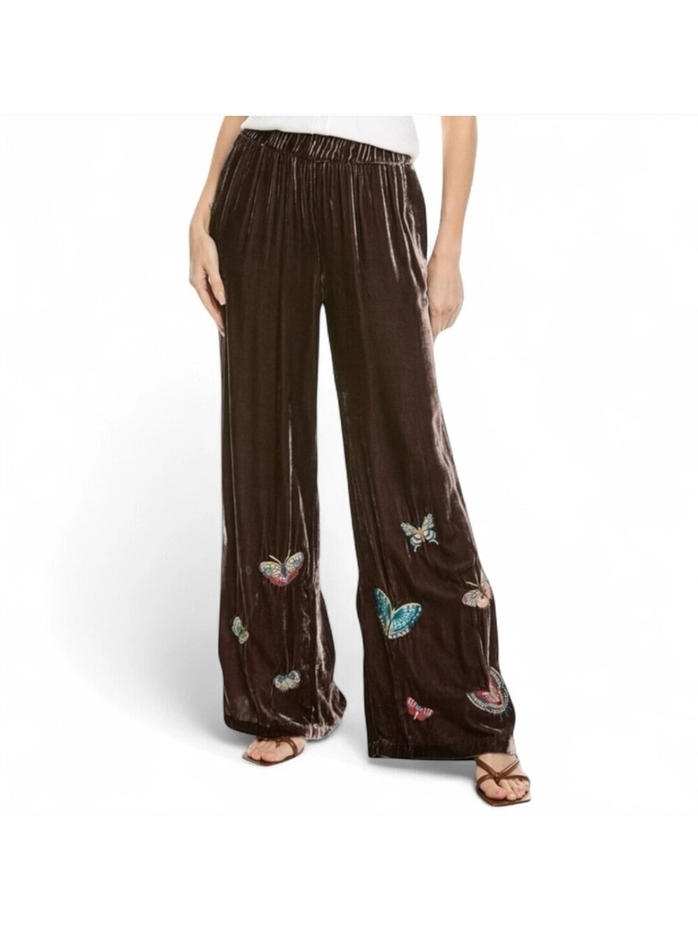 Johnny Was Luciana Coffee Bean Velvet Embroidered Wide Leg Pants - NWT - Sz XXL